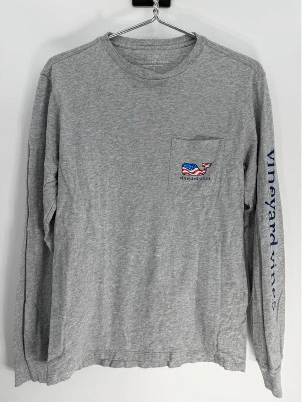 Vineyard Vines American Flag Whale Long Sleeve T-Shirt Gray Small